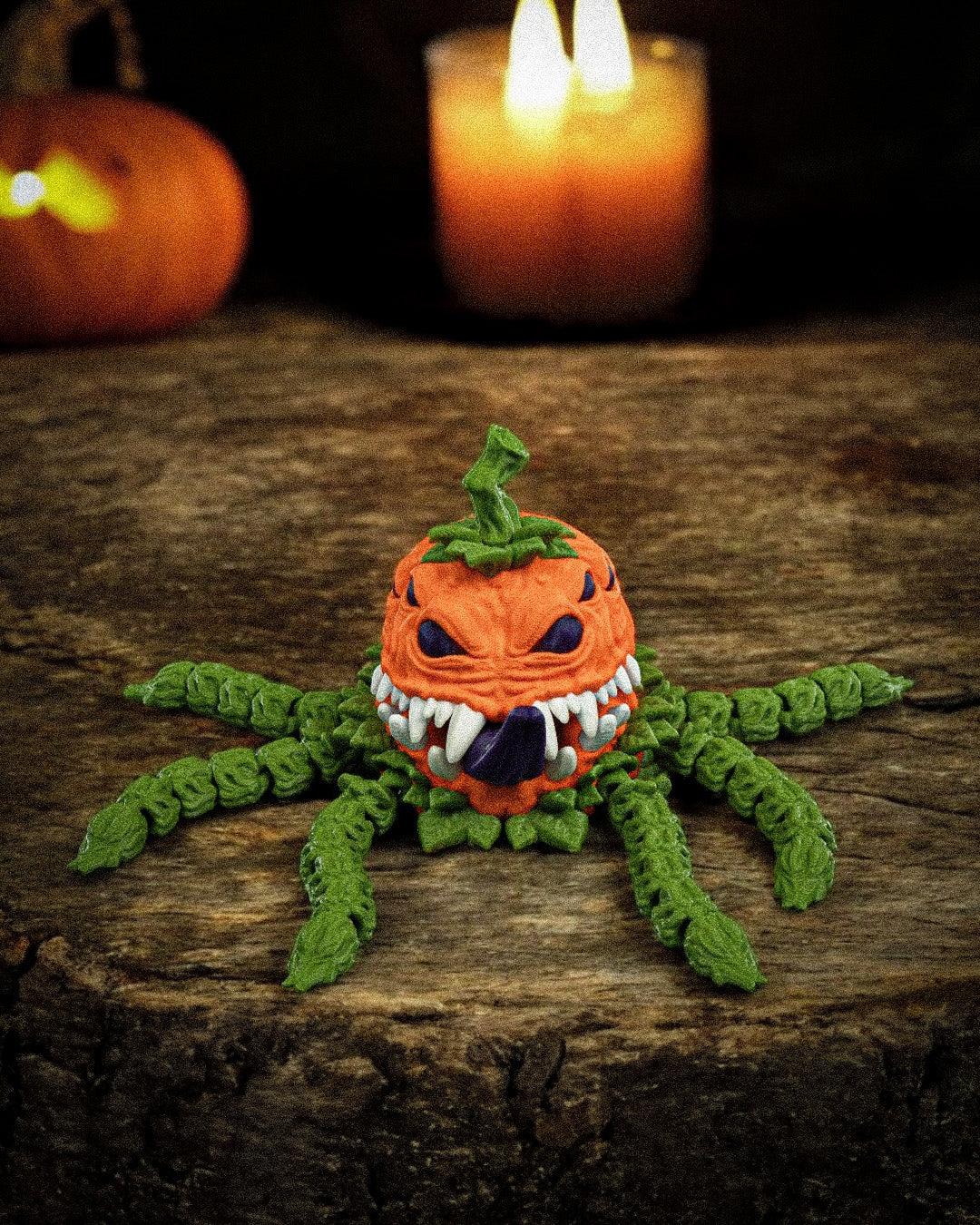 Pump-Kraken by 3DPRINTSWA is an Articulated 3D printed pumpkin kraken collectible with a toothy grin and green tentacles for spooky Holidays décor