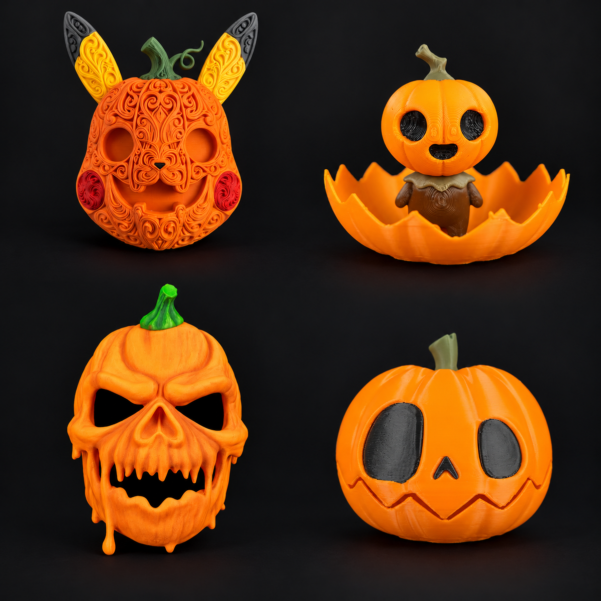 Collage of four Halloween 3D printed pumpkin designs