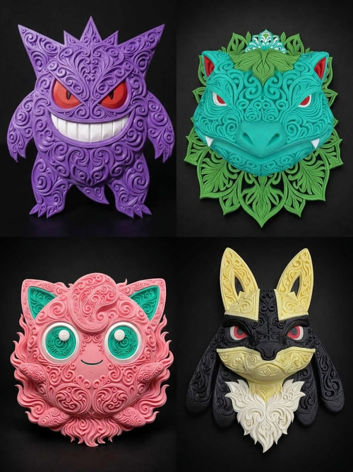 Collage of Gengar, Venusaur, Jigglypuff and Shiny Lucario 3D printed designs