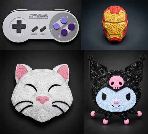 Wall art collage featuring a SNES controller, Iron Man helmet, white cat face, and Kuromi filigree designs.