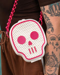 Deadly Cute Chainmail Purse in pink and white skull design with flexible 3D printed texture and shoulder strap by 3DPRINTSWA from Purses