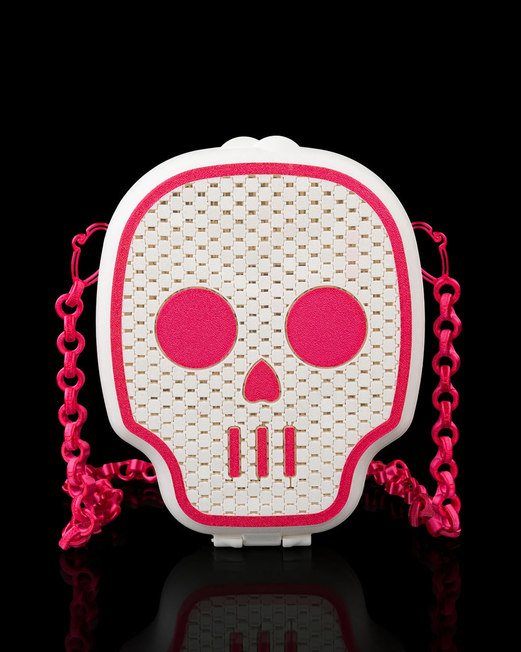 Deadly Cute Chainmail Purse in white and pink with a skull face design chain strap and flexible textured construction by 3DPRINTSWA from Purses