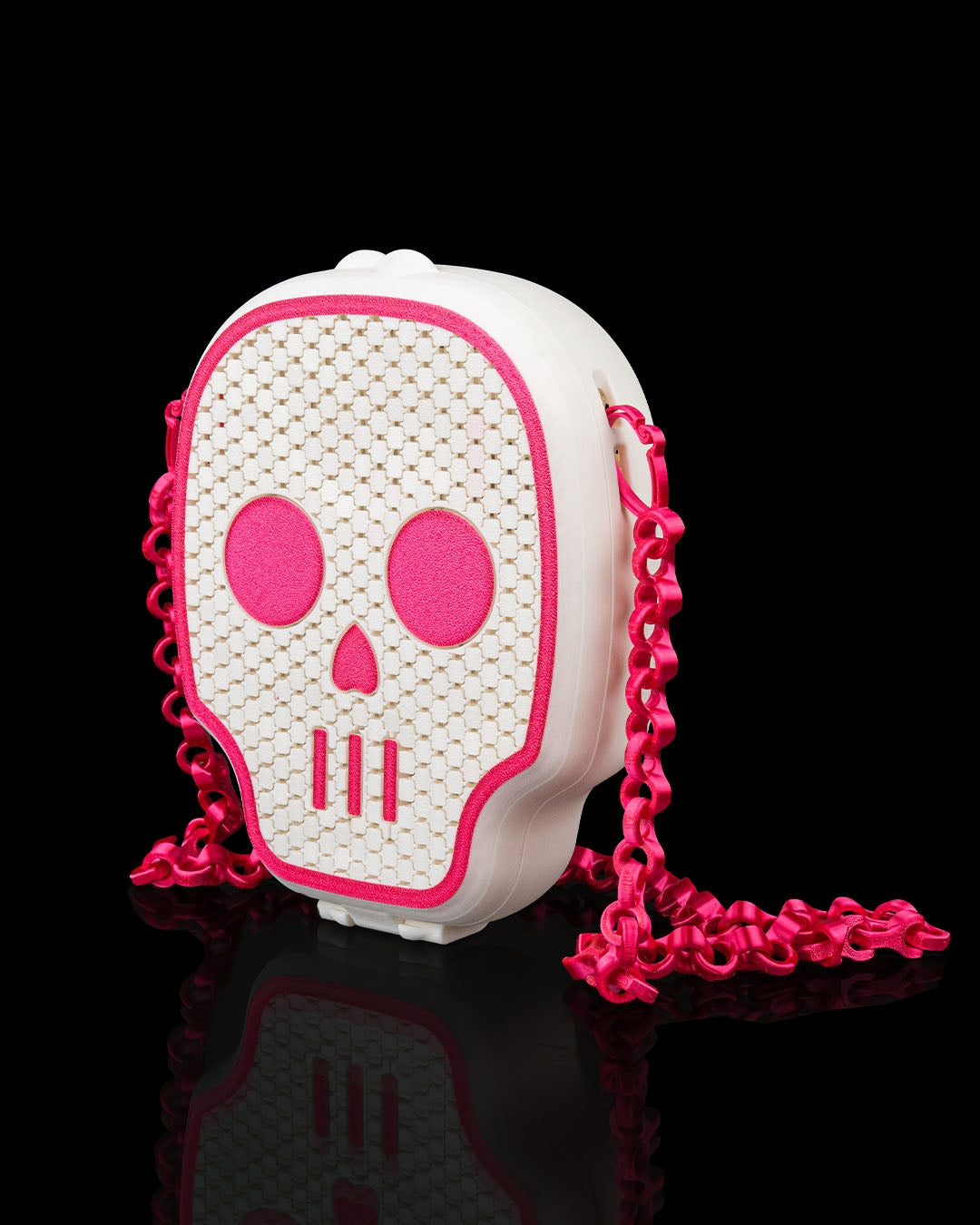 Deadly Cute Chainmail Purse in white with pink skull face and flexible chainmail strap by 3DPRINTSWA from Purses