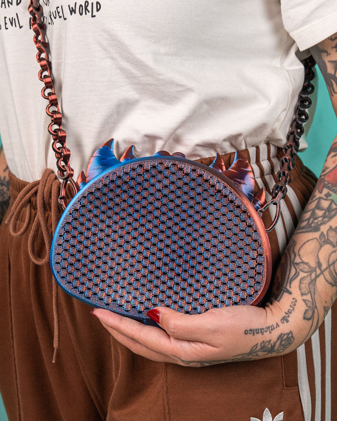 Dracopack – Dragon-Inspired Chainmail Purse worn crossbody with blue and red dragon details and textured interlocking design by 3DPRINTSWA from Purses