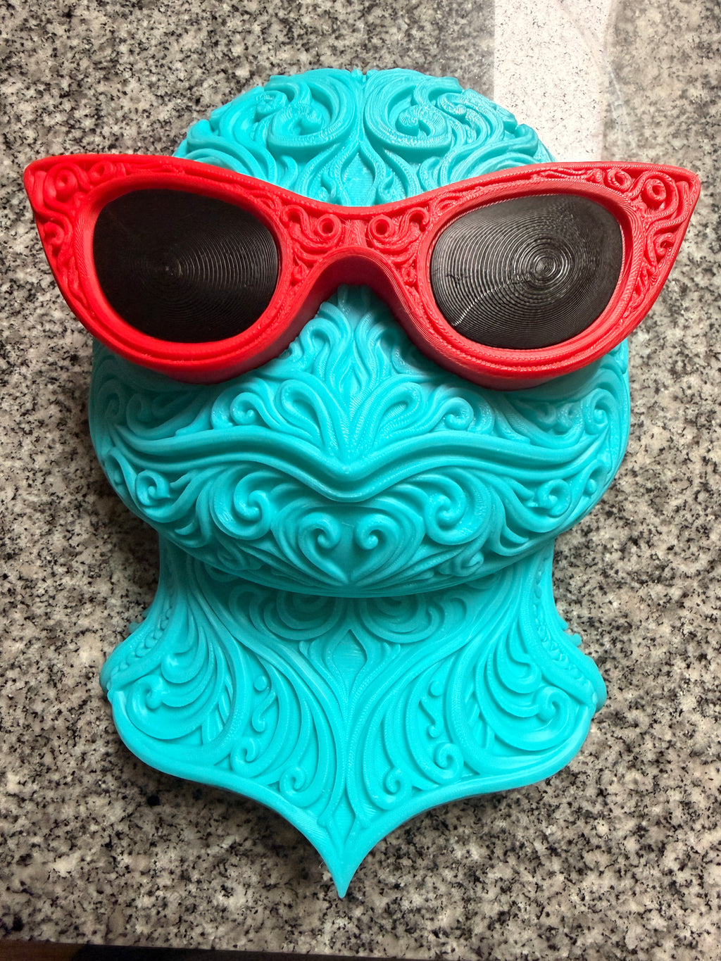 3D printed Squirtle Pokémon wall decor with ornamental design and red sunglasses