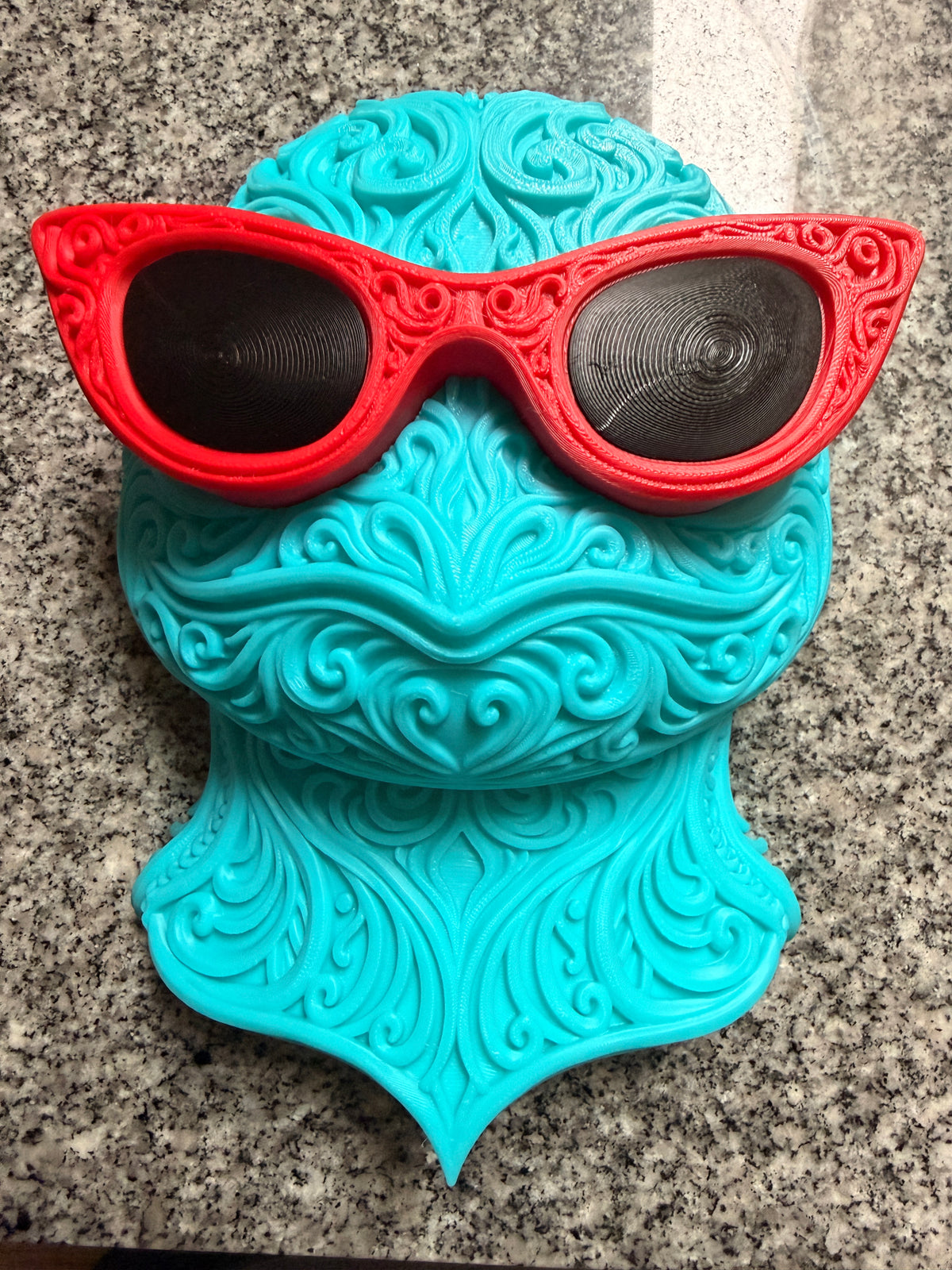 3D printed Squirtle Pokémon wall decor with ornamental design and red sunglasses