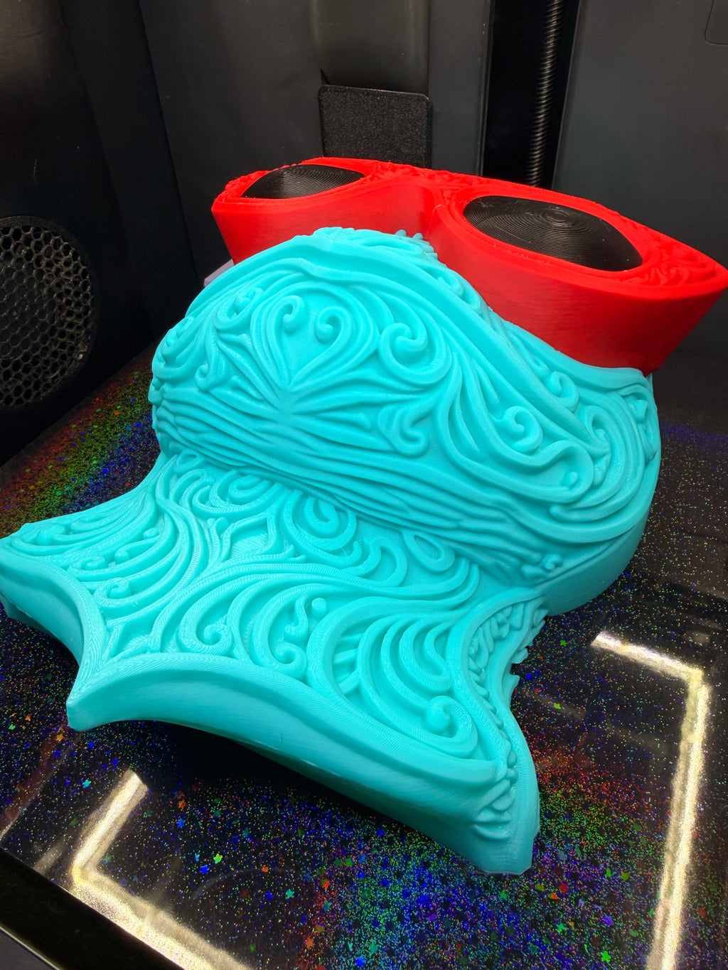 Angled view of Squirtle Pokémon wall art with red sunglasses and ornamental details