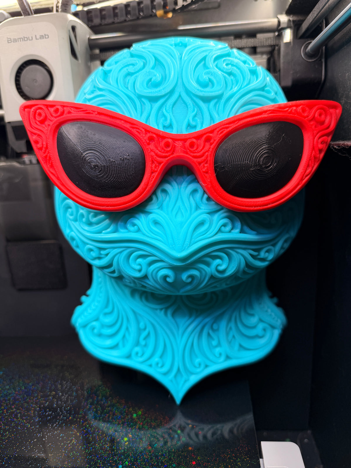3D printed Squirtle Pokémon wall art wearing oversized red sunglasses