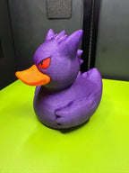 Gengar Duck Pokémon mashup figure shown from the left side with purple body, orange bill, and red eyes