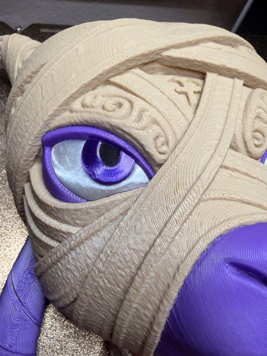 Angled view of 3D printed Mummy Mewtwo Pokémon wall decor