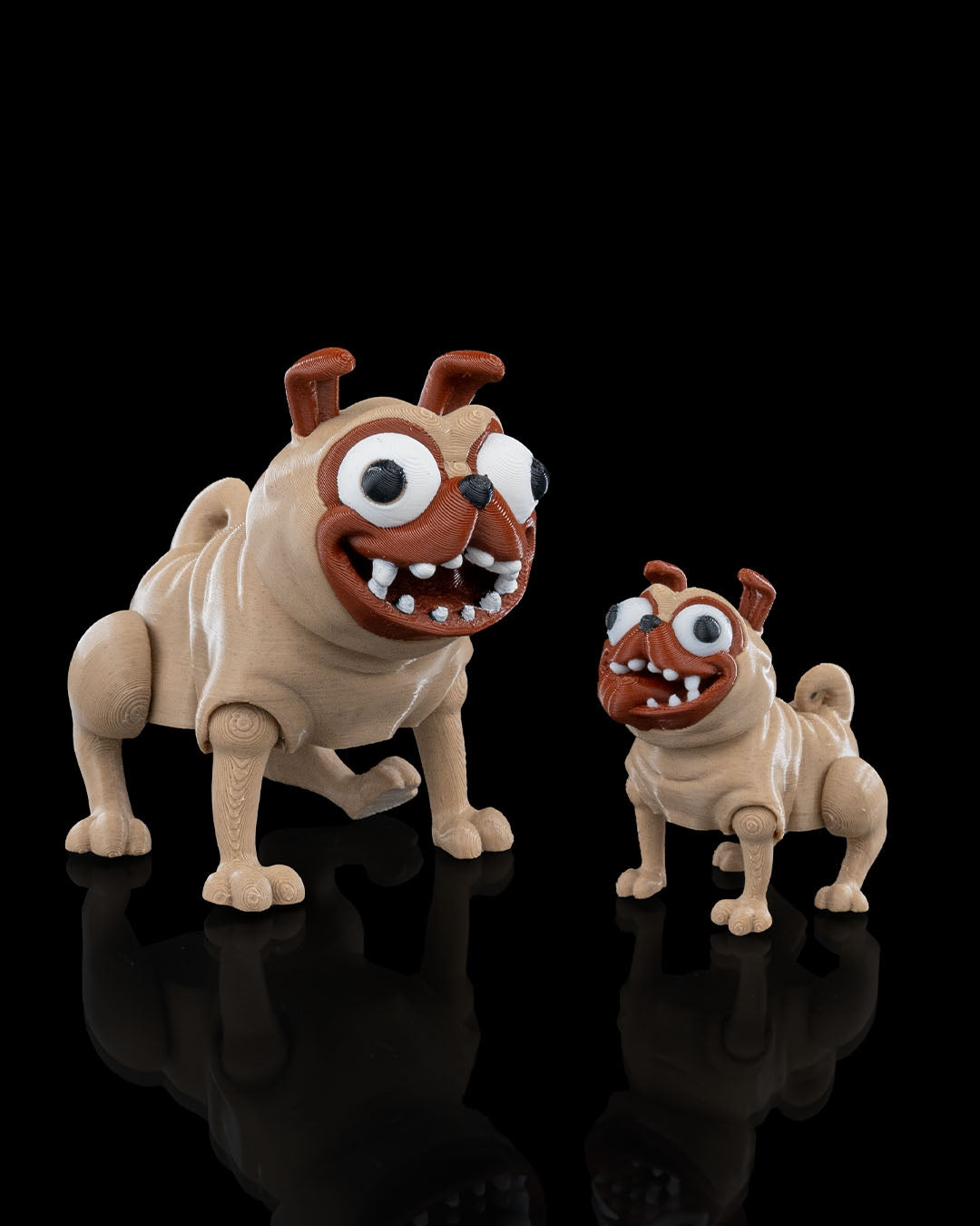 Articulated Pug 3D printed toy figures showing two playful articulated pug dogs from 3DPRINTSWA in the Articulated and Animals collections