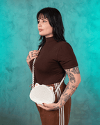 Purrse – 3D Printed Chainmail-Style Cat Purse worn crossbody by a model showing cat ears and a flexible white interlocking design from 3DPRINTSWA Purses Featured