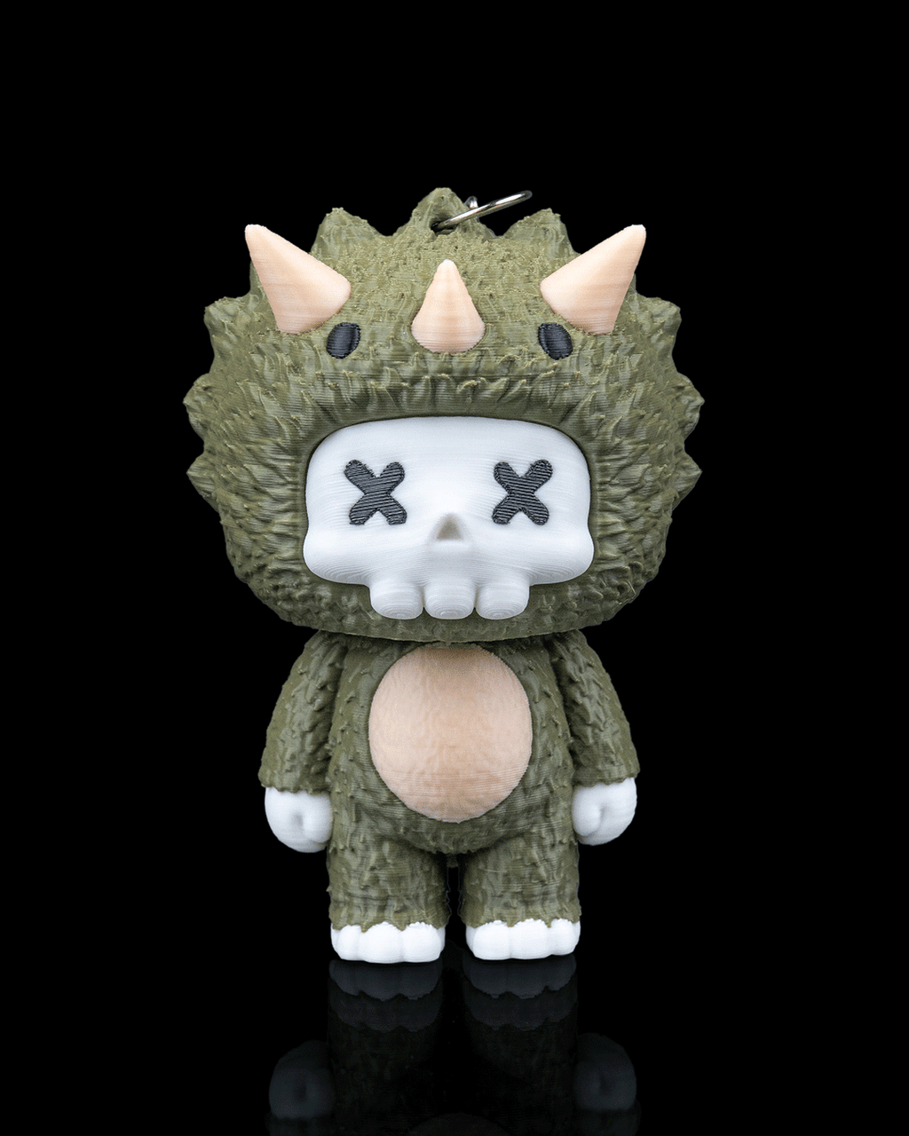 Trixi triceratops skeleton keychain by 3DPRINTSWA with three horns textured green dinosaur costume and matching face charm collectible toy