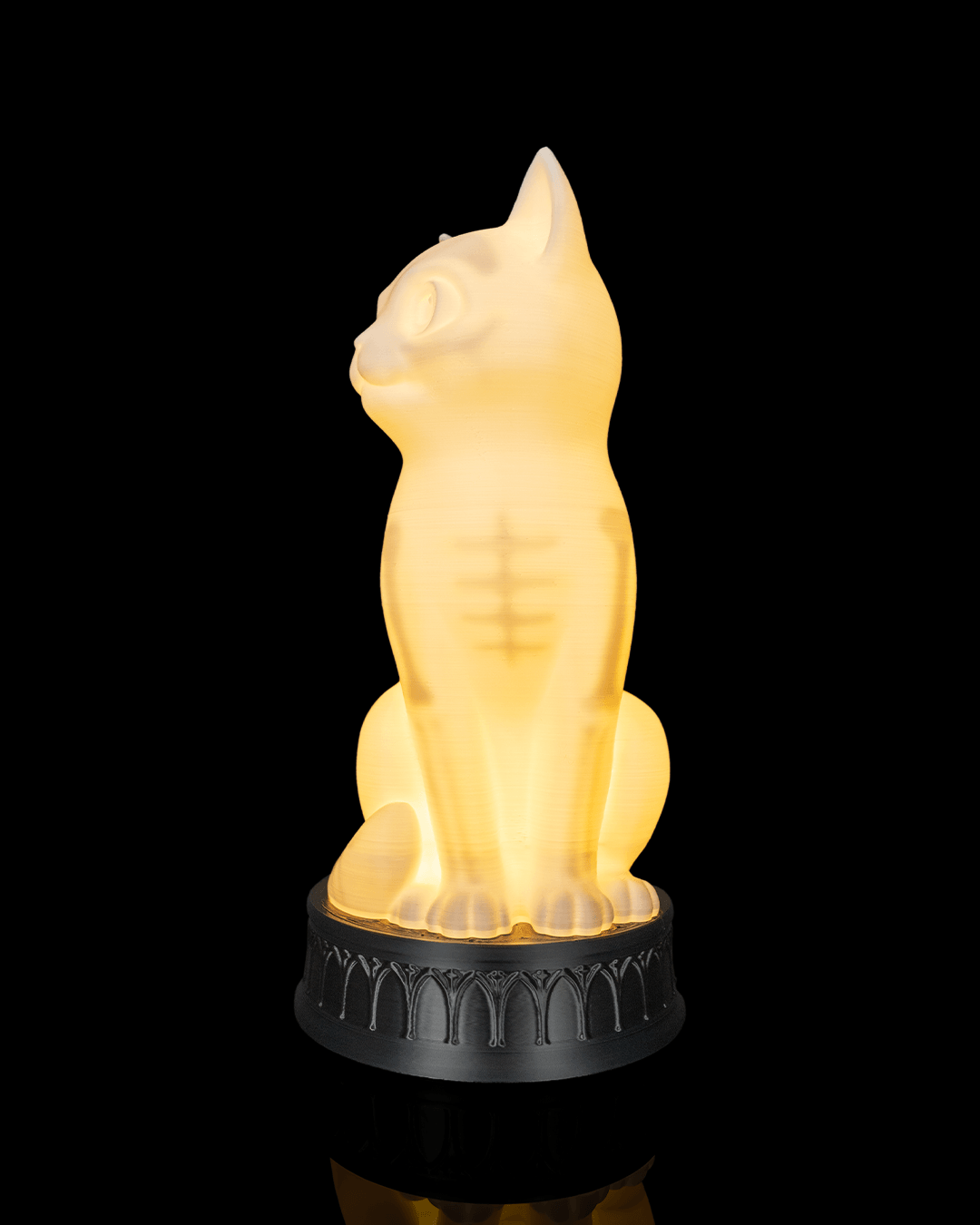Front view of the illuminated cat lamp showing its chest bones and curled tail