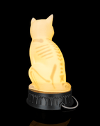 Rear three-quarter view of the illuminated cat lamp with its skeleton and USB cable visible