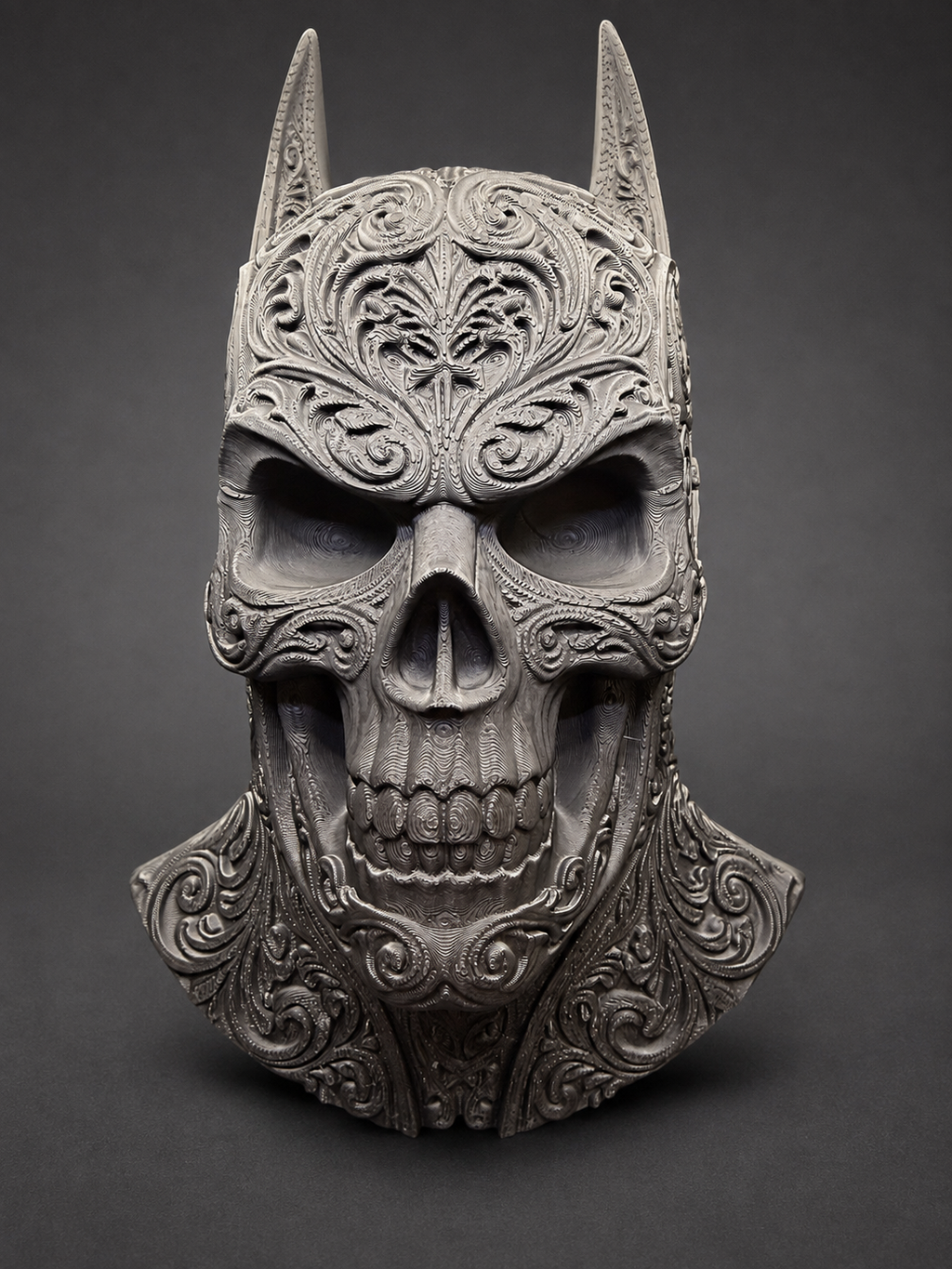 Upright front view of the Batman-inspired skull decor with pointed ears and ornate scrollwork against a dark background.