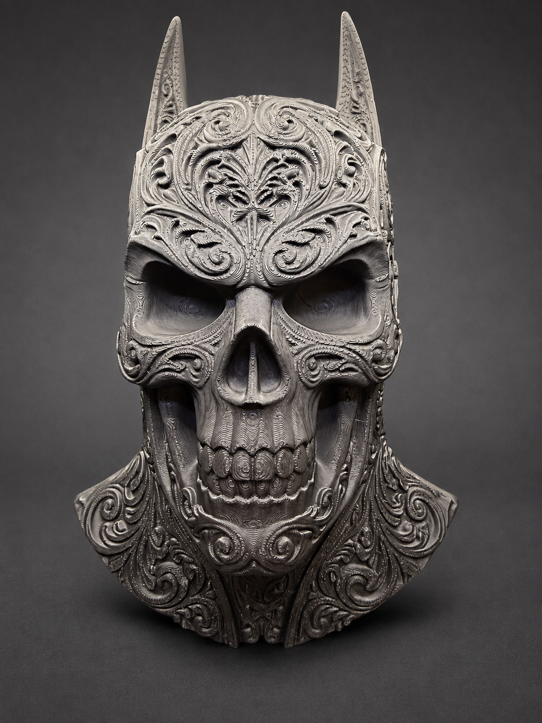Upright front view of the Batman-inspired skull decor with pointed ears and ornate scrollwork against a dark background.