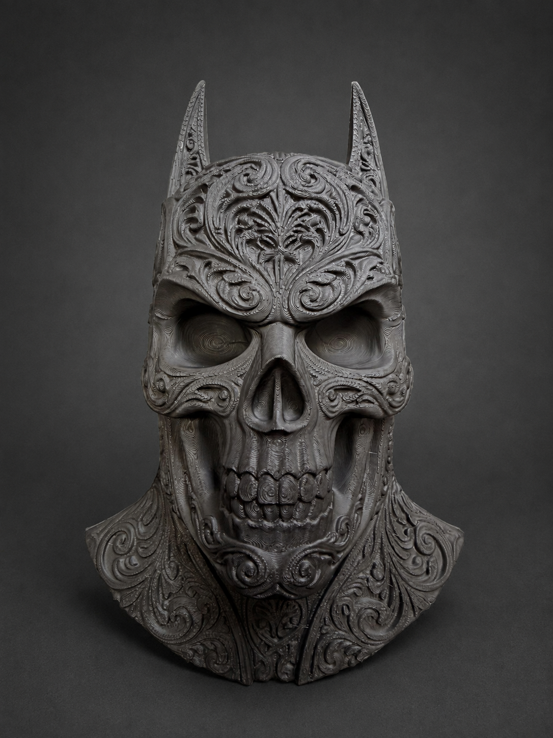 Full front view of the dark Batman skull showing recessed eye sockets, detailed teeth, and patterned shoulder base.