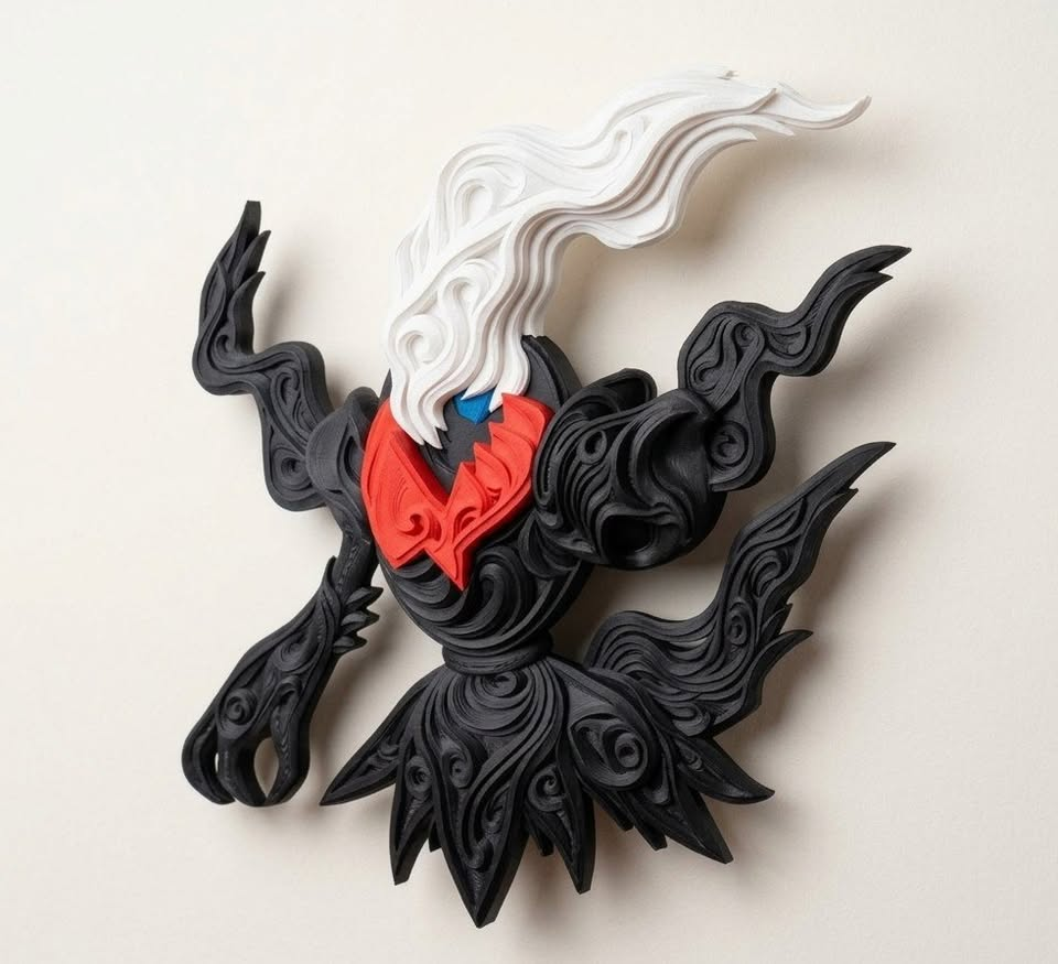 Angled view of Darkrai Pokémon wall art with black raised filigree, red collar, white plume and blue eye.