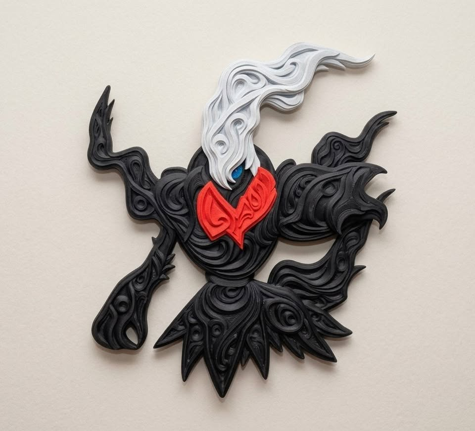 Front view of Darkrai Pokémon wall art with black raised filigree, red collar, white plume and blue eye.