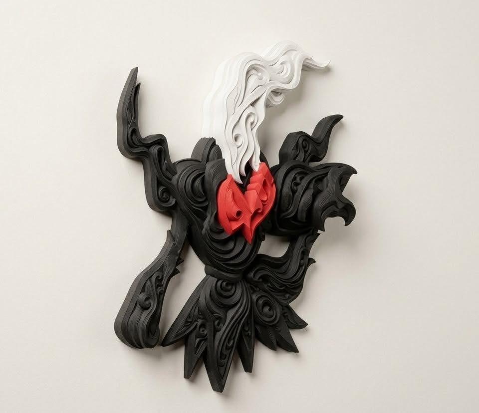 Side view of Darkrai Pokémon wall art with black raised filigree, red collar, white plume and blue eye.