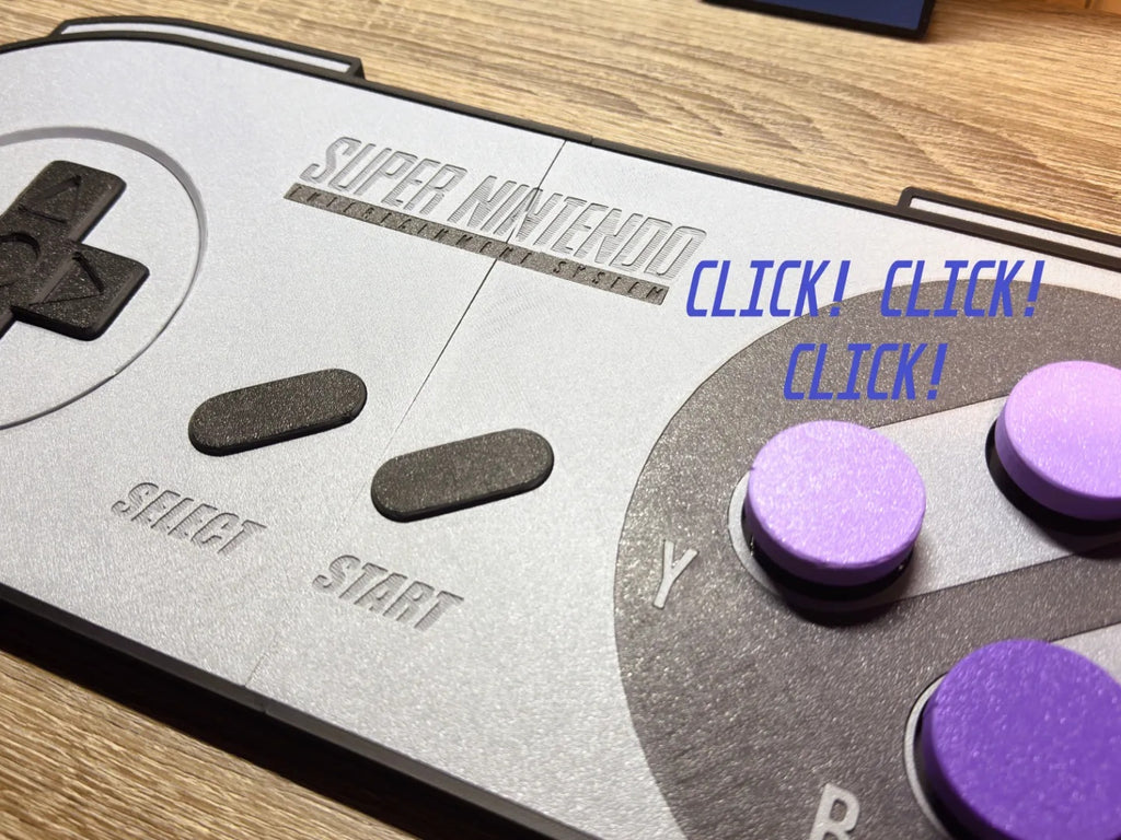 Close-up of 3D printed SNES controller wall art with clickable purple buttons