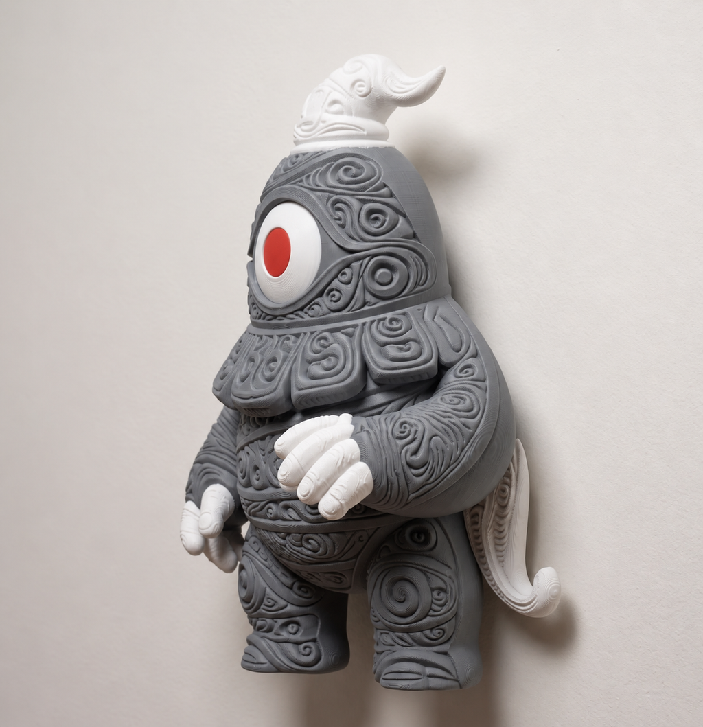 Angled display view of Dusclops decor against a light wall, showing its dimensional gray body and white accents.