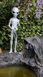 Silver-gray alien statue displayed among green leaves and flowers beside a rock pond
