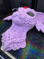 Low angled view of Espeon wall art showing the depth of its raised lavender filigree and ears.