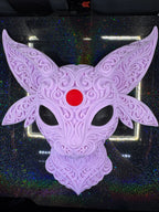 Full front view of pale lavender Espeon wall art with ornate scrollwork, black eyes, and a red forehead gem.