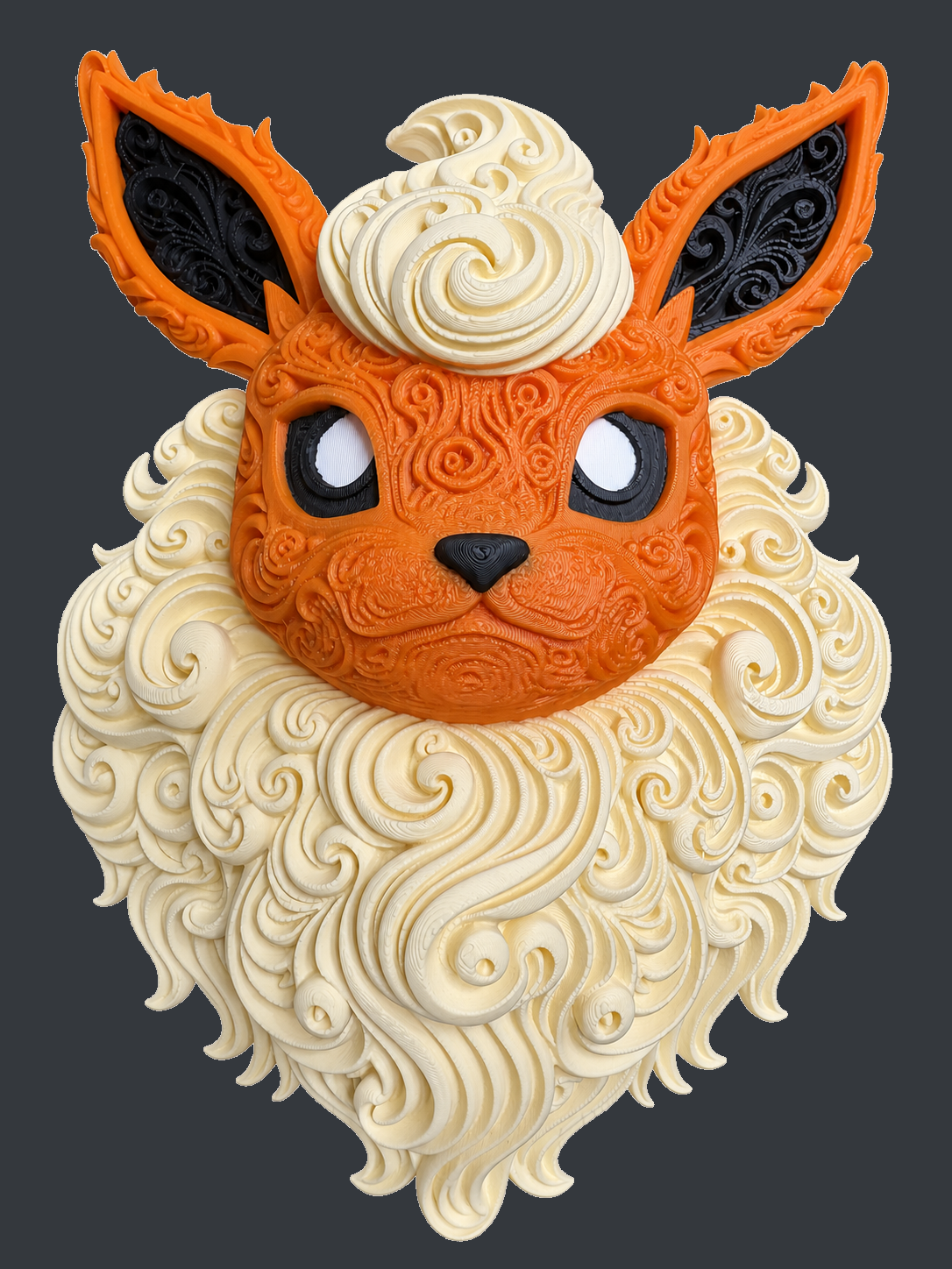 Front view of orange Flareon wall art with cream-colored ornate fur, black ears, and white eye highlights.