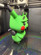 Angled view of Frankenstein Pikachu showing its green body, black-tipped ear, red cheek, and neck bolt.