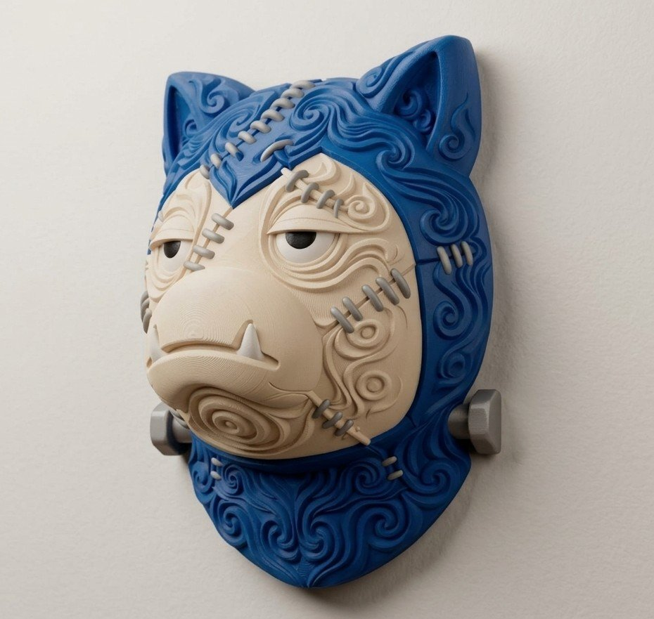 Angled view of Frankenstein Snorlax wall art showing raised scrollwork and dimensional face.