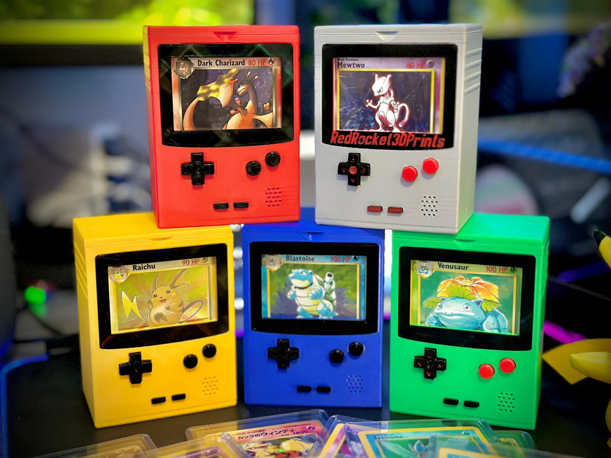 Game Boy-inspired deck boxes in red, gray, yellow, blue, and green with display cards.