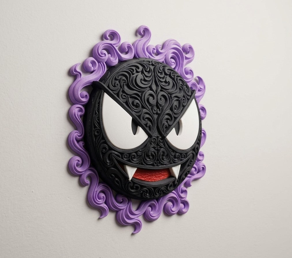 Angled wall display view of Gastly showing its dimensional black face and purple scrollwork border.