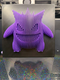 Upright front view of purple Gengar optical illusion wall art formed from raised vertical sections on a black backing.
