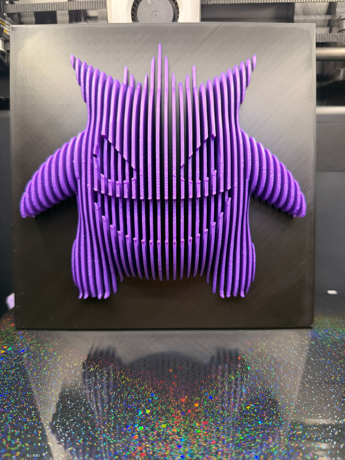 Upright front view of purple Gengar optical illusion wall art formed from raised vertical sections on a black backing.