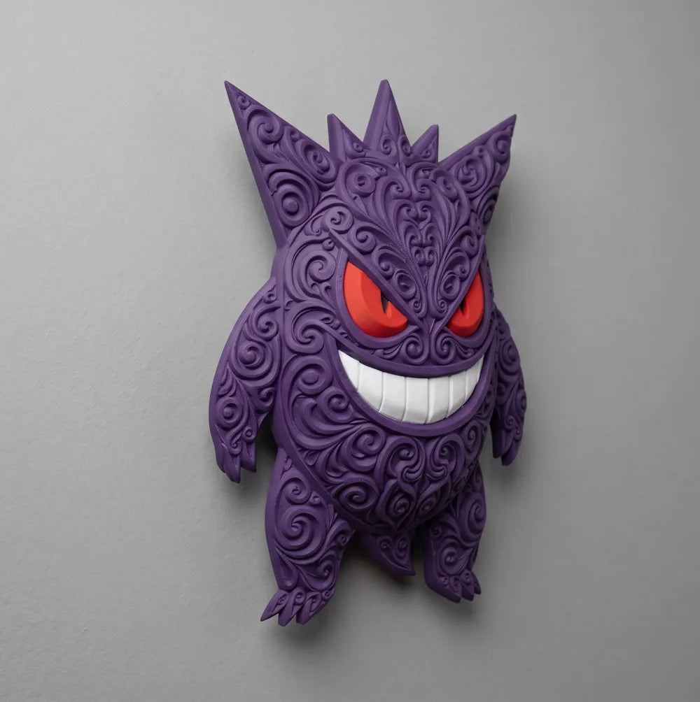 Angled view of purple Gengar wall art mounted on a light wall.