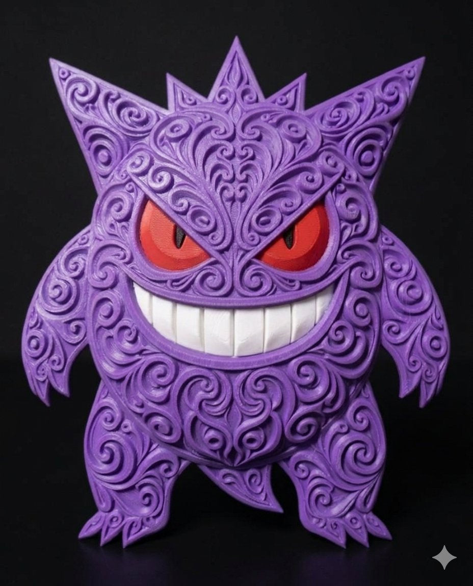 Front view of purple Gengar wall art with raised scrollwork, red eyes and a white grin on a dark background.