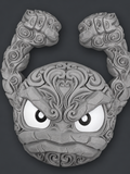 Front view of gray Geodude Pokémon wall art with raised fists, ornate filigree, and white and black eyes against a charcoal background.
