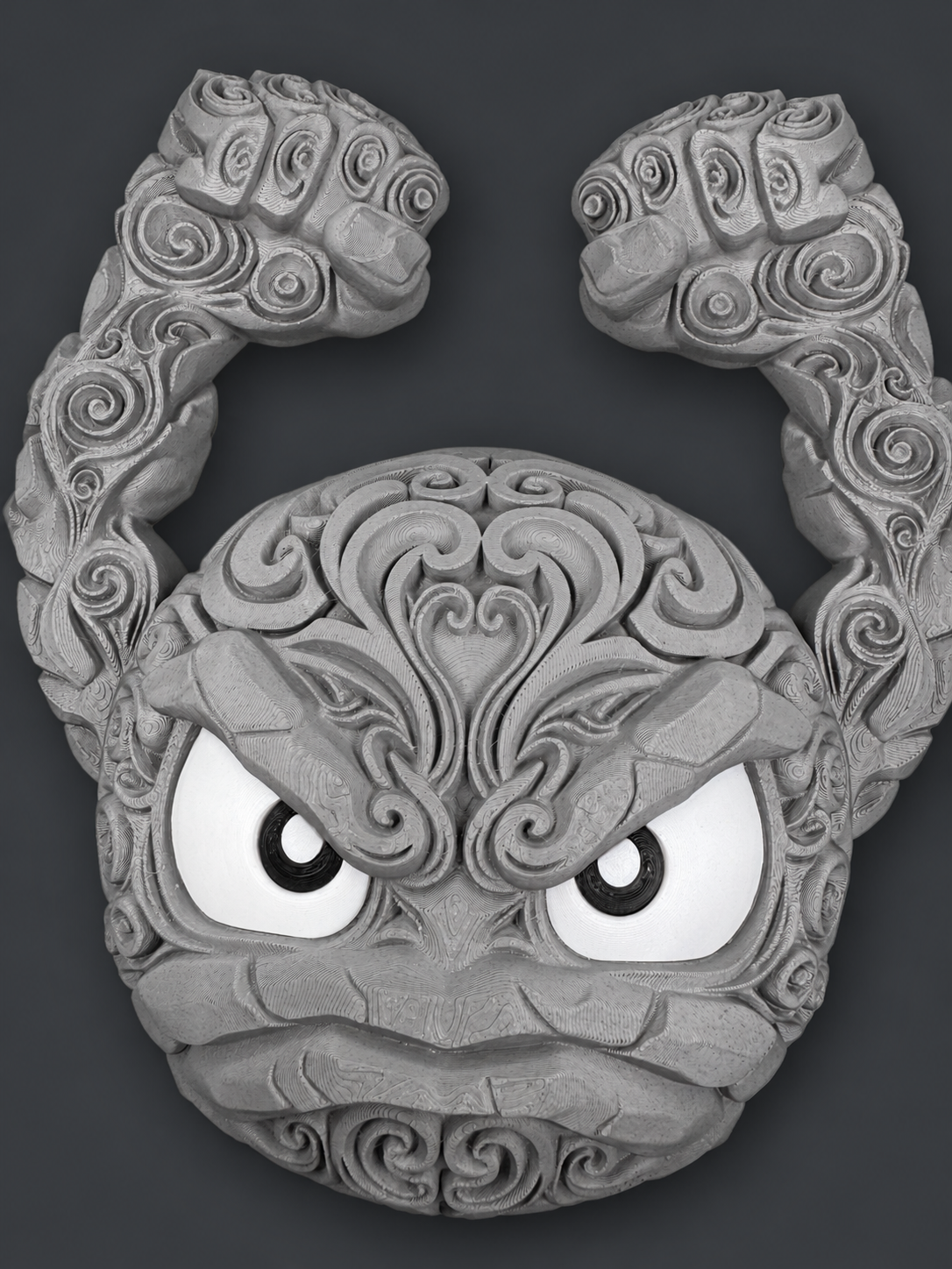 Front view of gray Geodude Pokémon wall art with raised fists, ornate filigree, and white and black eyes against a charcoal background.