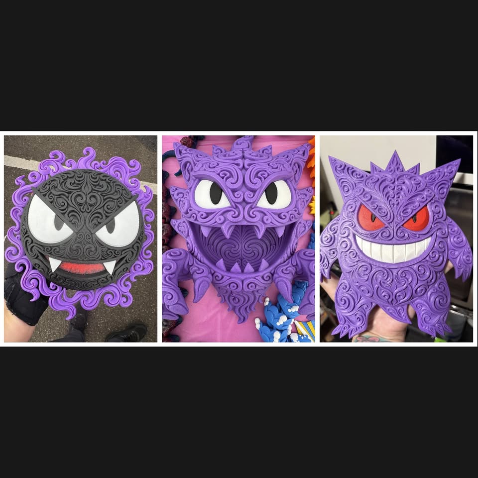Three-piece Gastly, Haunter, and Gengar wall art set with ornate purple and black designs.
