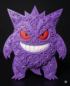 Purple Gengar wall plaque with ornate scrollwork, red eyes, and a wide white grin.