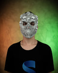 Front fit example of a person wearing the gray Ghoul Face skull Halloween mask.