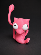 Angled view of pink Goofy-Eyed Mew with its movable eyes facing different directions.