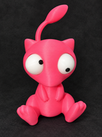 Front view of pink Goofy-Eyed Mew with oversized movable white eyes, black pupils, and a raised tail against a dark background.