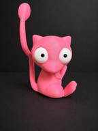 Three-quarter view of pink Goofy-Eyed Mew with white articulated eyes and its tail curling upward beside its head.