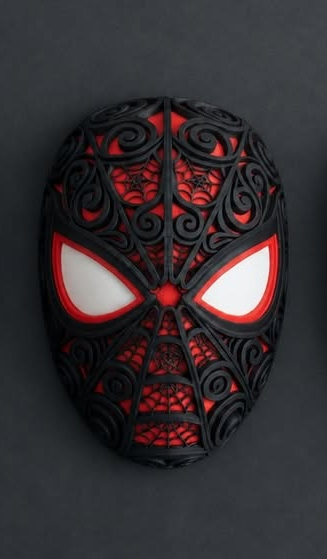 Single black, red, and white Halloween Spider-Man wall art with raised filigree details and white eyes against a charcoal background.