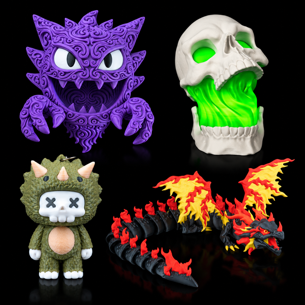 Purple Haunter wall art, green skull lamp, Trixi dinosaur keychain, and Scorchwing flame dragon on black.