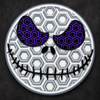 Round Jack Skellington wall art with white and gray hexagonal patterns, purple and black eyes, and a black stitched smile.
